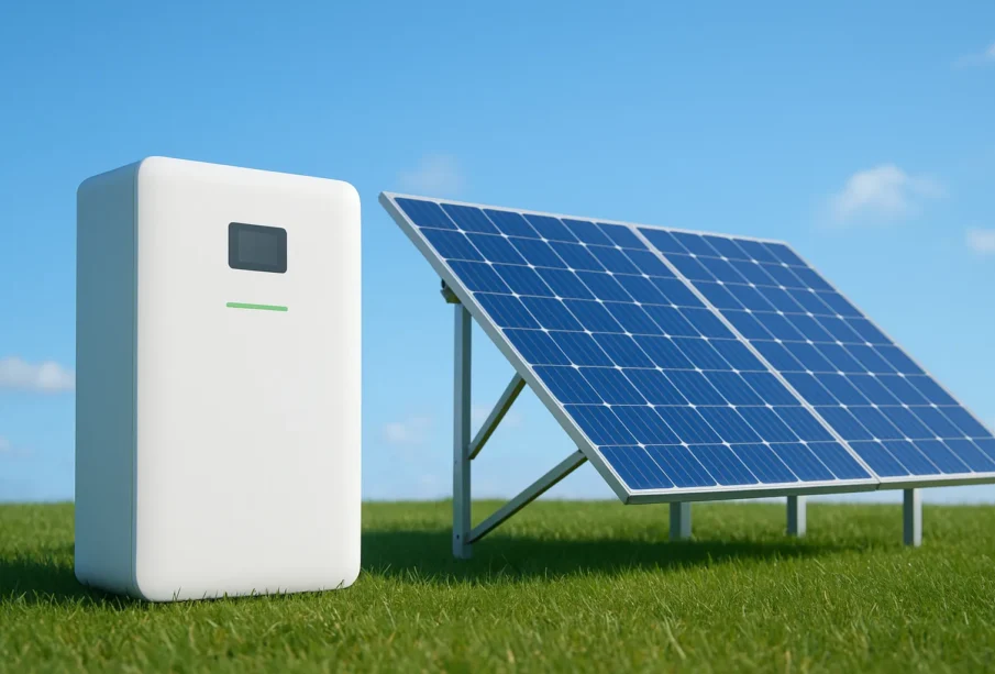 magazyn energii w domu obok paneli fotowoltaicznych na trawniku w słoneczny dzień