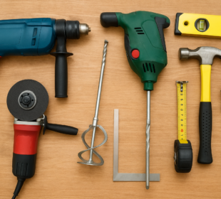 Różne narzędzia ręczne i elektryczne ułożone na stole – młotek, wkrętarka, miarka i poziomica, symbolizujące pracę podczas remontu i budowy.