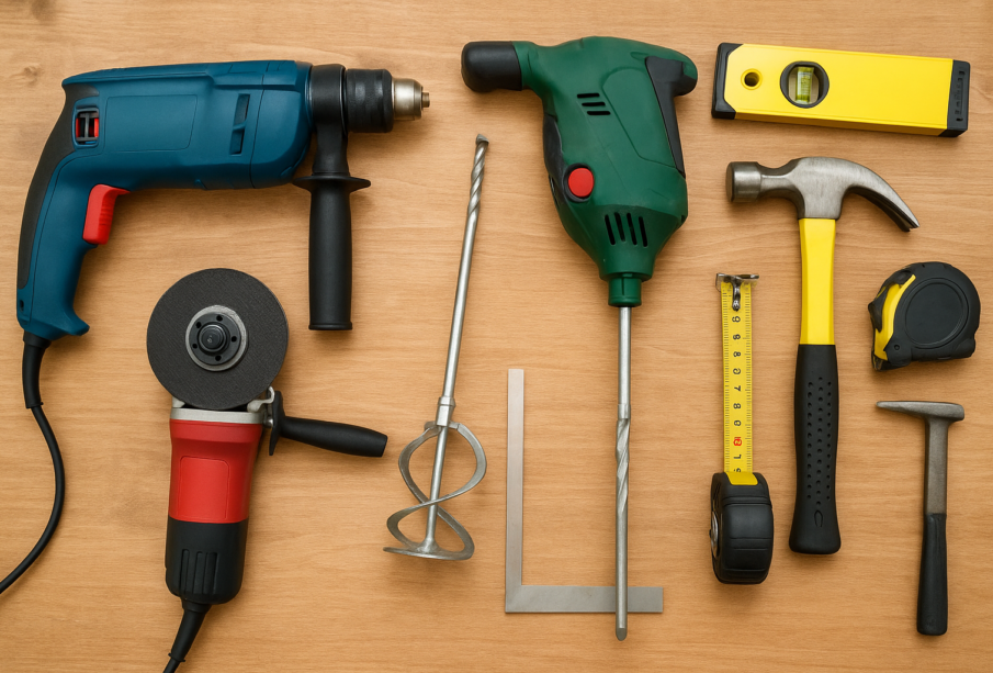 Różne narzędzia ręczne i elektryczne ułożone na stole – młotek, wkrętarka, miarka i poziomica, symbolizujące pracę podczas remontu i budowy.