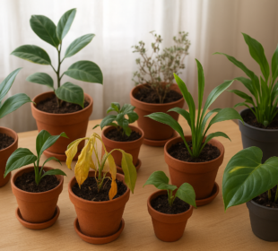Kilka roślin doniczkowych stojących na drewnianym blacie przy oknie, z których część wygląda zdrowo, a inne mają żółknące liście — przykładowe błędy w pielęgnacji roślin doniczkowych.
