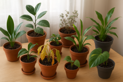 Kilka roślin doniczkowych stojących na drewnianym blacie przy oknie, z których część wygląda zdrowo, a inne mają żółknące liście — przykładowe błędy w pielęgnacji roślin doniczkowych.