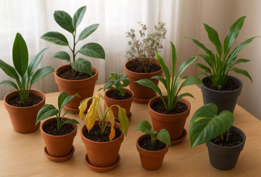 Kilka roślin doniczkowych stojących na drewnianym blacie przy oknie, z których część wygląda zdrowo, a inne mają żółknące liście — przykładowe błędy w pielęgnacji roślin doniczkowych.