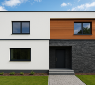 Realistyczne zdjęcie nowoczesnego domu jednorodzinnego z elegancką elewacją łączącą białe tynki, ciemny kamień i drewniane panele, otoczonego zielonym trawnikiem i drzewami w słoneczny dzień.