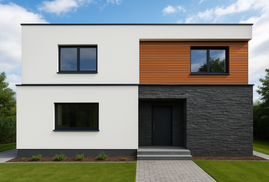 Realistyczne zdjęcie nowoczesnego domu jednorodzinnego z elegancką elewacją łączącą białe tynki, ciemny kamień i drewniane panele, otoczonego zielonym trawnikiem i drzewami w słoneczny dzień.