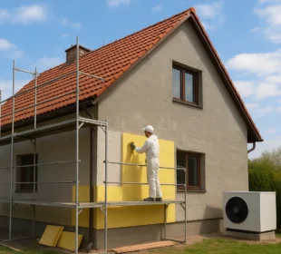 Dom w trakcie termomodernizacji z widocznym ociepleniem elewacji i modernizacją zewnętrzną