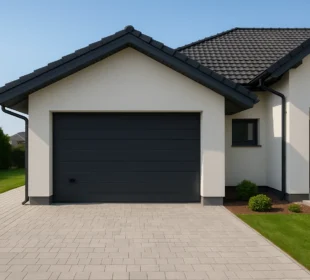 Nowoczesny garaż przy domu jednorodzinnym z ciemnoszarymi drzwiami i elegancką elewacją.