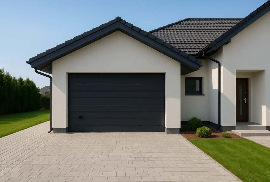 Nowoczesny garaż przy domu jednorodzinnym z ciemnoszarymi drzwiami i elegancką elewacją.