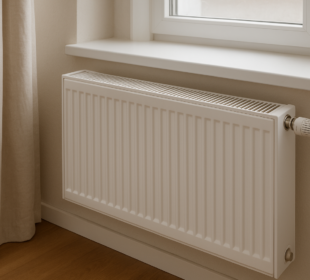 Nowoczesny biały grzejnik panelowy pod oknem jako element domowego ogrzewanie