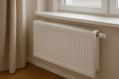 Nowoczesny biały grzejnik panelowy pod oknem jako element domowego ogrzewanie