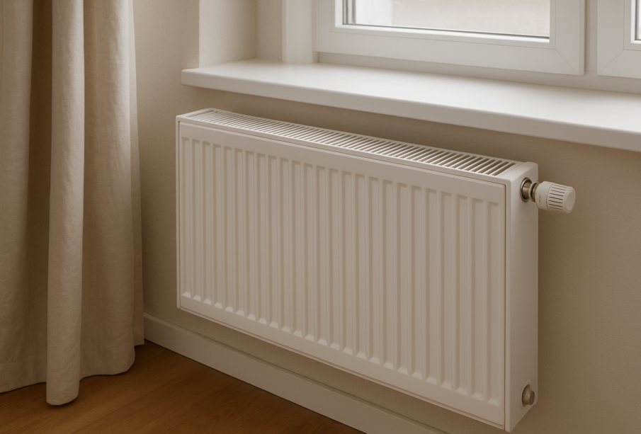 Nowoczesny biały grzejnik panelowy pod oknem jako element domowego ogrzewanie