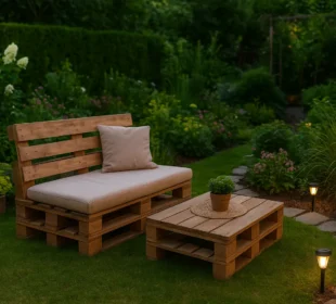 ogród z meblami z palet i oświetleniem solarnym przy ścieżce z kamieni