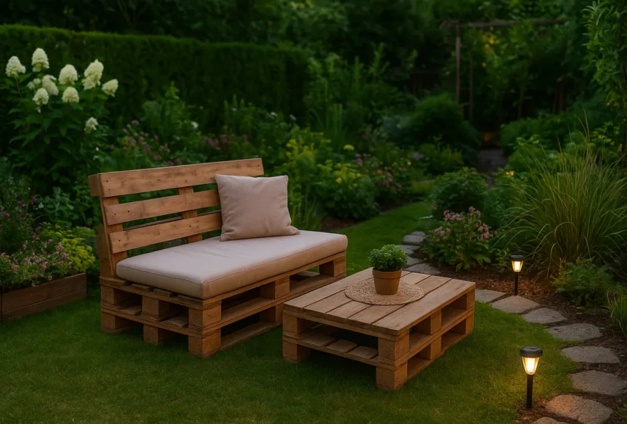 ogród z meblami z palet i oświetleniem solarnym przy ścieżce z kamieni