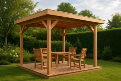 Realistyczna drewniana altana ogrodowa ustawiona na trawniku w otoczeniu zieleni