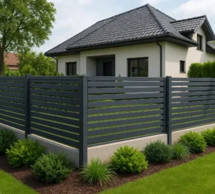 ogrodzenie metalowe wokół nowoczesnego domu