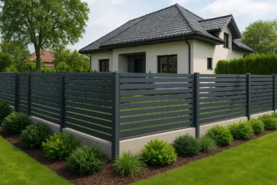 ogrodzenie metalowe wokół nowoczesnego domu