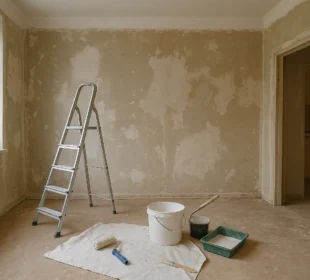 Pomieszczenie w trakcie prac wykończeniowych podczas remontu, z narzędziami i materiałami budowlanymi na podłodze