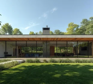 Realistyczne zdjęcie nowoczesnego domu z dużą ilością przeszklonych okien, prezentujące współczesne rozwiązania okien w 2025 roku.