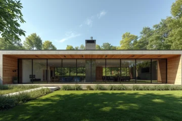 Realistyczne zdjęcie nowoczesnego domu z dużą ilością przeszklonych okien, prezentujące współczesne rozwiązania okien w 2025 roku.