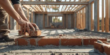Realistyczne zdjęcie budowy z widocznym murowaniem ścian z bloczków i cegieł – najpopularniejsze materiały do ścian w 2025 roku.