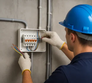 Elektryk podczas montażu instalacji elektrycznej w domu, stosujący się do zasad bezpieczeństwa