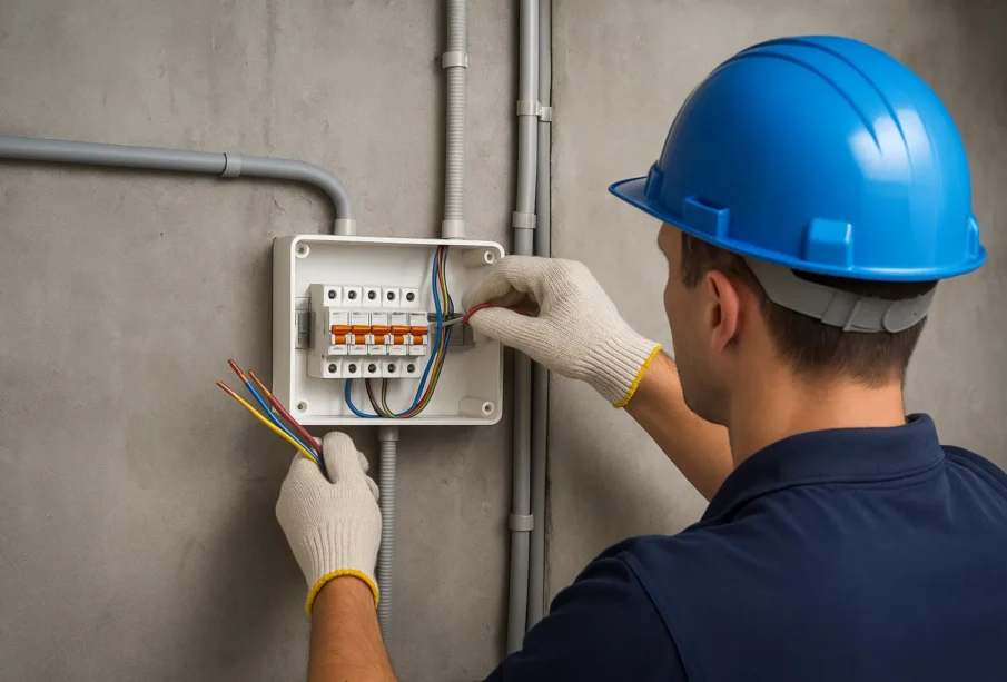 Elektryk podczas montażu instalacji elektrycznej w domu, stosujący się do zasad bezpieczeństwa