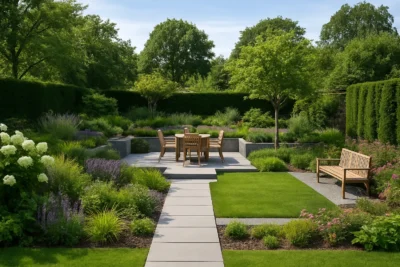 Realistyczny ogród z nowoczesną aranżacją, strefą wypoczynkową i bogatą roślinnością