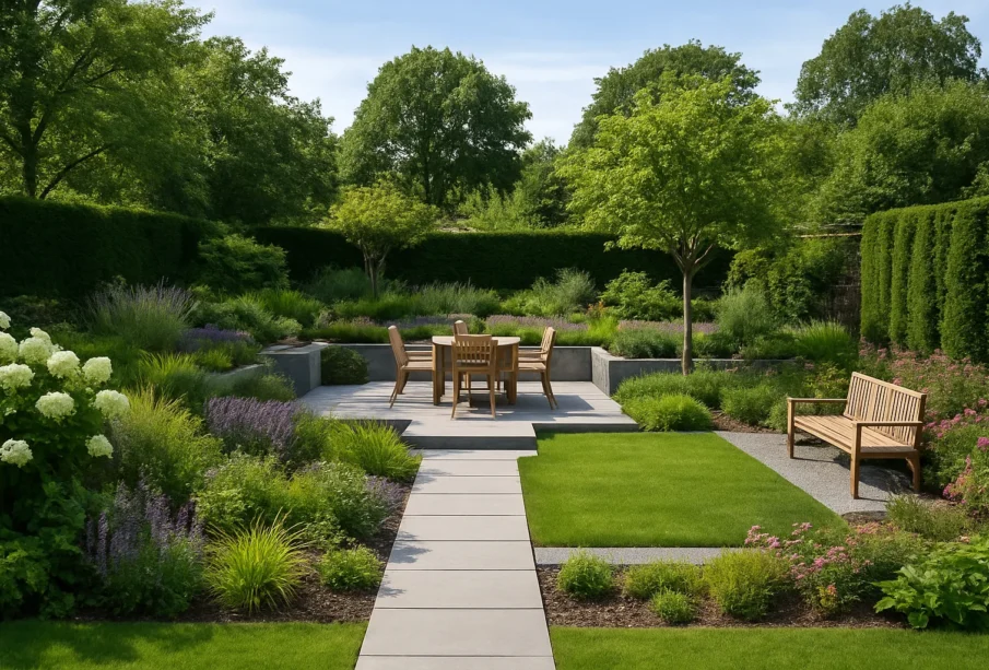 Realistyczny ogród z nowoczesną aranżacją, strefą wypoczynkową i bogatą roślinnością