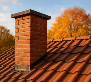 Kominiarz czyści komin na dachu domu jednorodzinnego w słoneczny dzień.