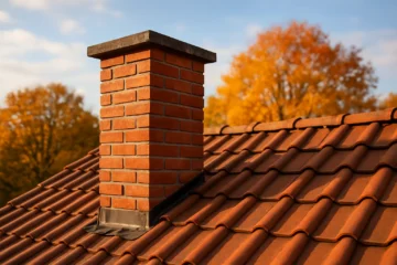 Kominiarz czyści komin na dachu domu jednorodzinnego w słoneczny dzień.