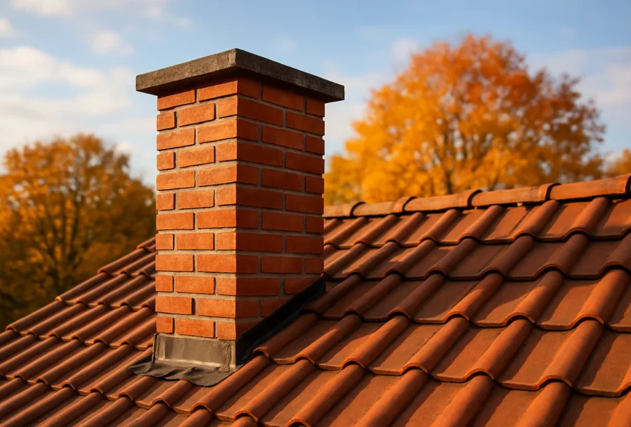 Kominiarz czyści komin na dachu domu jednorodzinnego w słoneczny dzień.