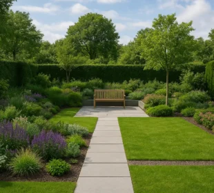 Realistyczny ogród z alejką, ławką i nowoczesną kompozycją roślin w letnim otoczeniu