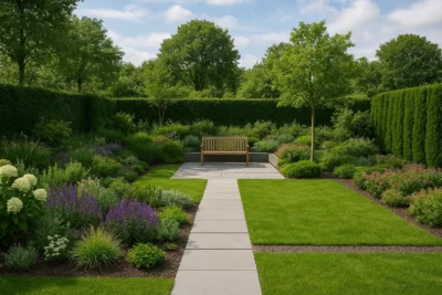 Realistyczny ogród z alejką, ławką i nowoczesną kompozycją roślin w letnim otoczeniu