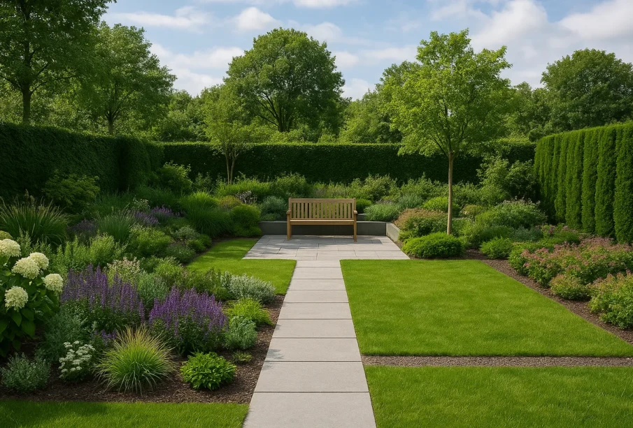 Realistyczny ogród z alejką, ławką i nowoczesną kompozycją roślin w letnim otoczeniu