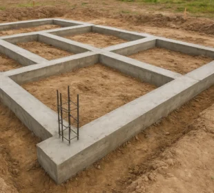 Świeżo wylane i wypoziomowane fundamenty domu na przygotowanym terenie budowy, widoczne zbrojenie i betonowe ławy fundamentowe