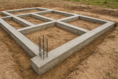 Świeżo wylane i wypoziomowane fundamenty domu na przygotowanym terenie budowy, widoczne zbrojenie i betonowe ławy fundamentowe