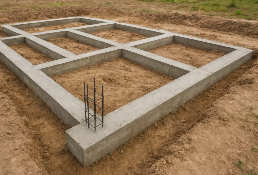 Świeżo wylane i wypoziomowane fundamenty domu na przygotowanym terenie budowy, widoczne zbrojenie i betonowe ławy fundamentowe