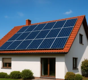 Fotowoltaika – panele słoneczne na dachu domu jednorodzinnego z czerwoną dachówką w słoneczny dzień