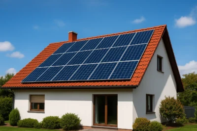 Fotowoltaika – panele słoneczne na dachu domu jednorodzinnego z czerwoną dachówką w słoneczny dzień