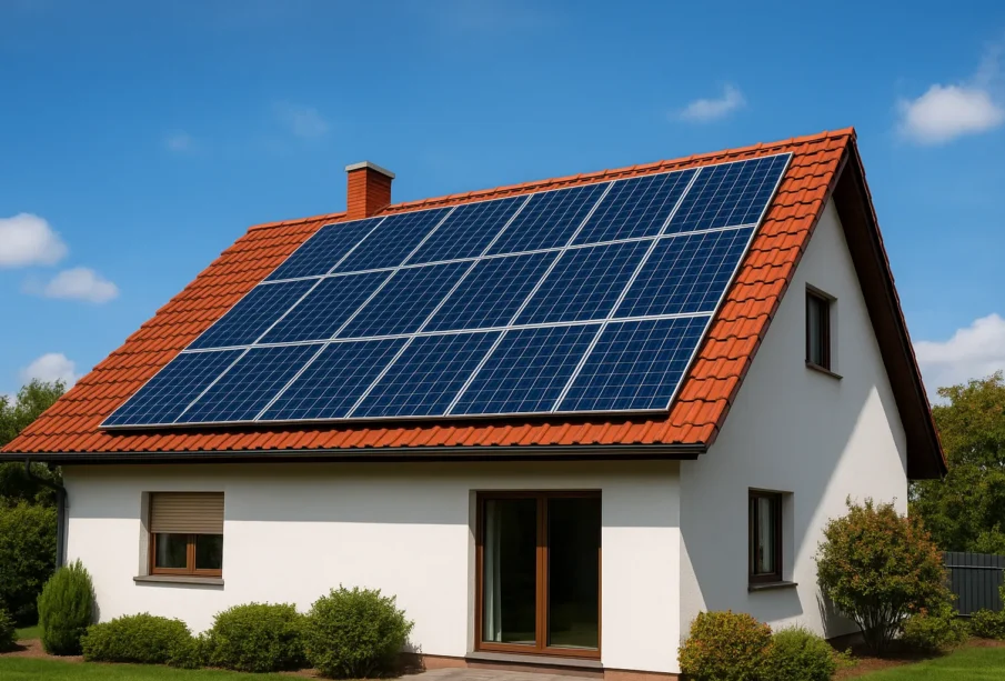 Fotowoltaika – panele słoneczne na dachu domu jednorodzinnego z czerwoną dachówką w słoneczny dzień