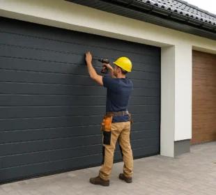 Monter w kasku montuje nowoczesną bramę garażową w domu jednorodzinnym.