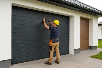 Monter w kasku montuje nowoczesną bramę garażową w domu jednorodzinnym.