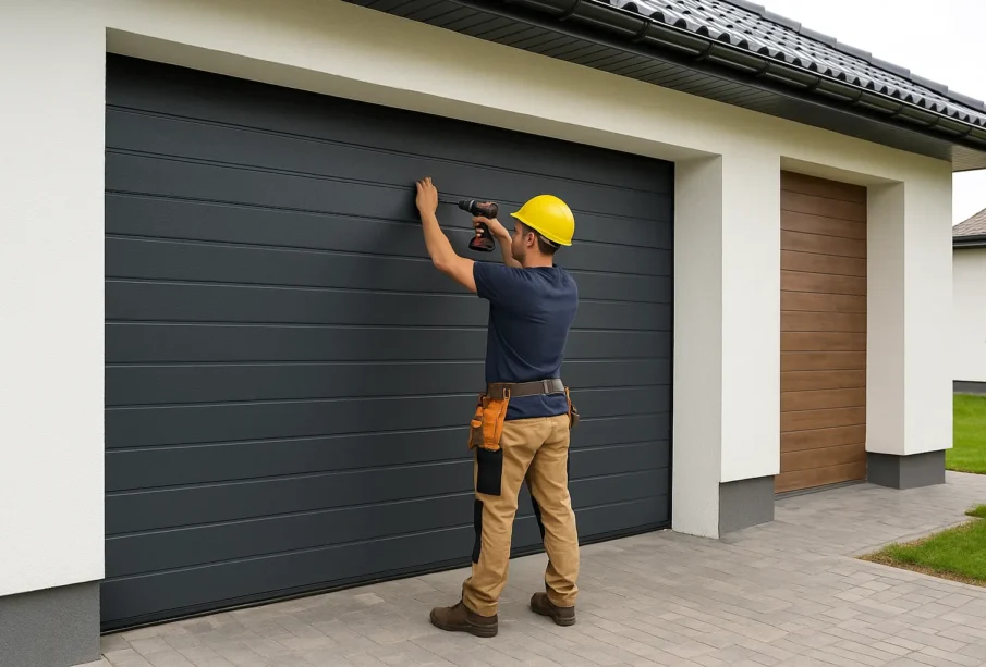 Monter w kasku montuje nowoczesną bramę garażową w domu jednorodzinnym.