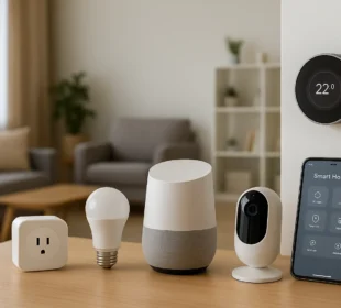 Inteligentne urządzenia smart home sterowane aplikacją w nowoczesnym wnętrzu