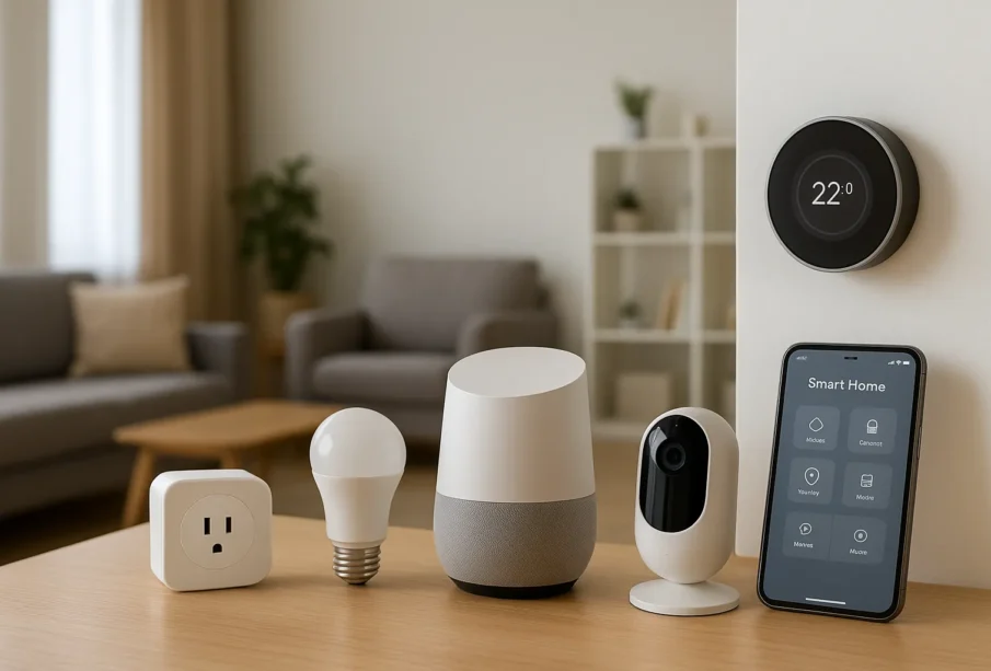 Inteligentne urządzenia smart home sterowane aplikacją w nowoczesnym wnętrzu