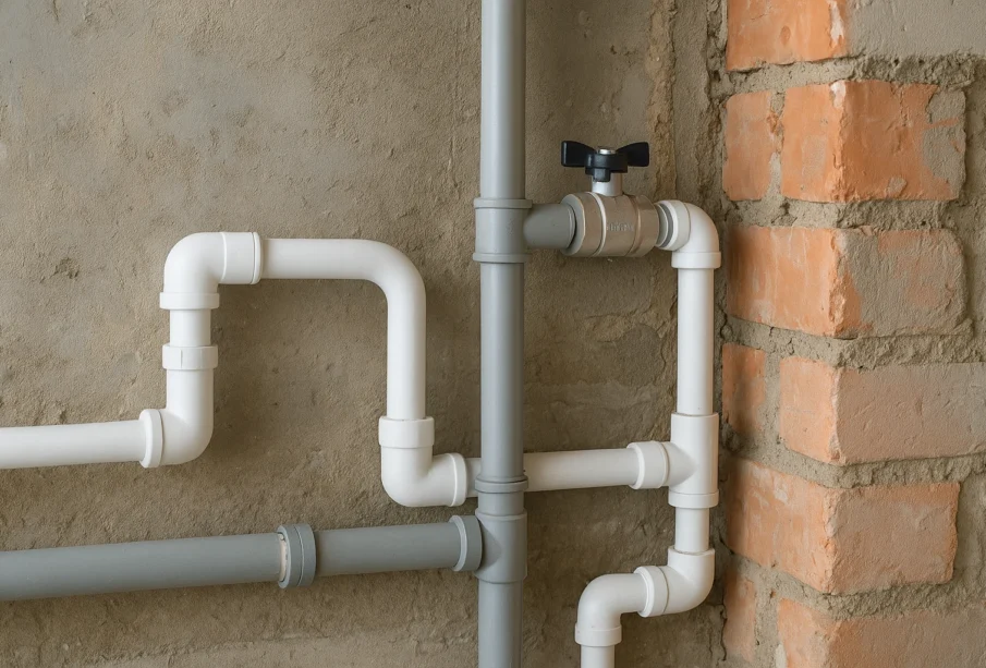Rury PVC oraz zawór zamontowane podczas instalacji wodnej w budynku