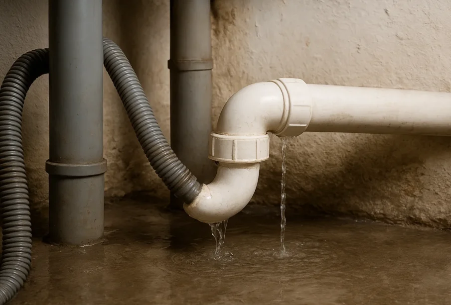 Kanalizacja – awaria i wyciek z rur w pomieszczeniu technicznym