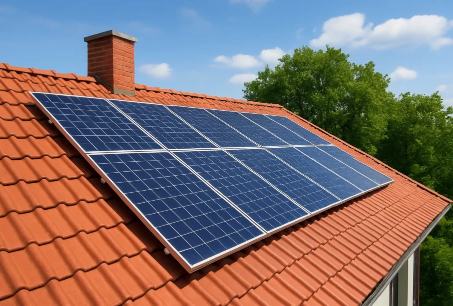 Fotowoltaika – nowoczesna instalacja paneli słonecznych na dachu domu jednorodzinnego