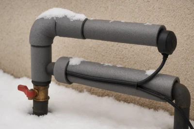 Zabezpieczenie instalacji przed mrozem – zaizolowane rury z kablem grzewczym na zewnątrz budynku